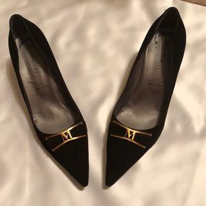Bruno Magli Black Suede Heels with Gold  ( m )